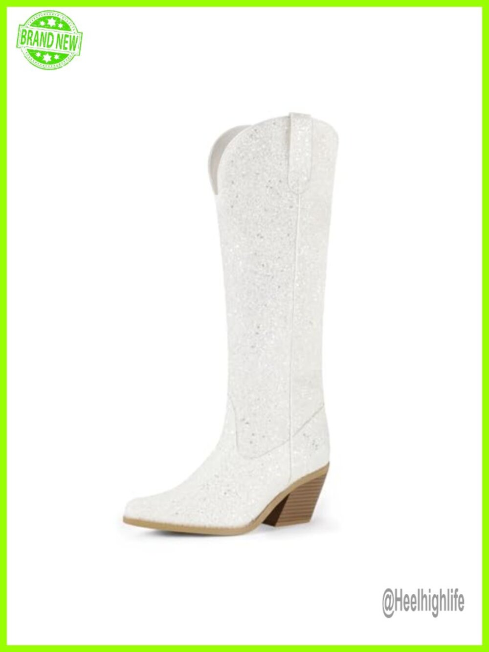 Sparkly Sequin Knee High Cowboy Boots Chunky Block Heel